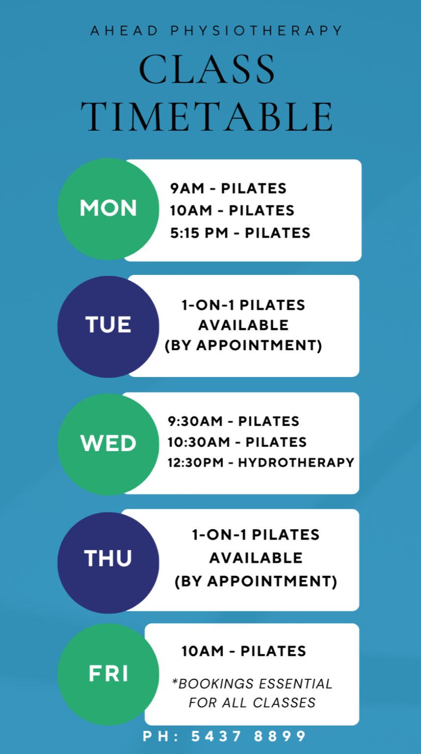 Class Timetable - Ahead Physiotherapy | Golden Beach